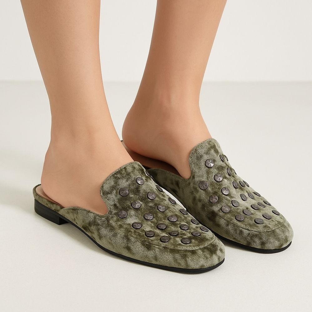 Air Underground Mule Womens Size 8.5 Green Crushed Velvet Studded Slip On Loafer